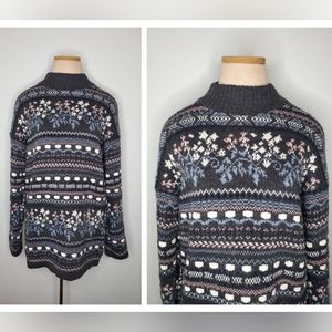 Vintage 90s Fair Isle Floral Gray Pastel Mockneck Long Oversized Sweater